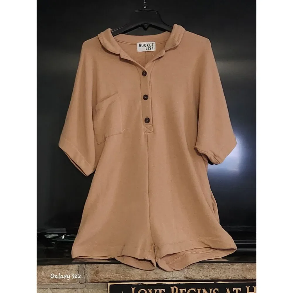 Bucketlist women's short sleeve tan romper size medium - Picture 1 of 6